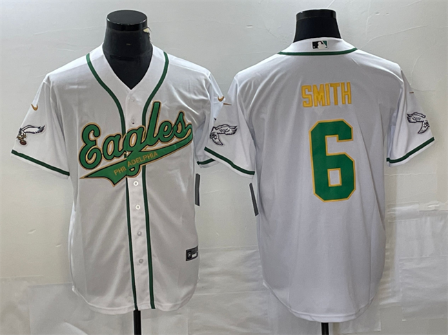Men's Philadelphia Eagles #6 DeVonta Smith White Gold Cool Base Stitched Baseball Jersey